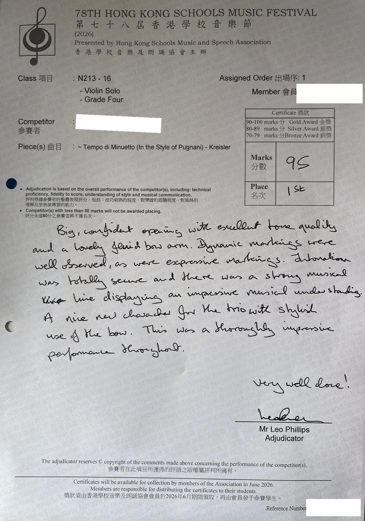 78th Hong Kong School Music Festival 2026 — 1st place